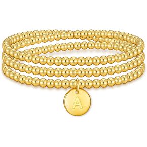 doubgood Gold Bracelets for Women 18K Gold Plated Gold Bracelet Stack Beaded Bracelets Initial Bracelet Necklaces A-Z Coin Alphabet Pendant Charm Bracelets Jewelry Gifts for Mother's Day Christmas