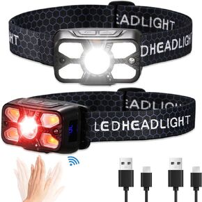 Rechargeable Headlamp,2 Pack 2500 Lumens Bright 5 Led Head Lamp with Red Light, 14 Modes Waterproof Motion Sensor Head Lights for Forehead, Adjustable Headband Head Flashlight for Adults&Kids