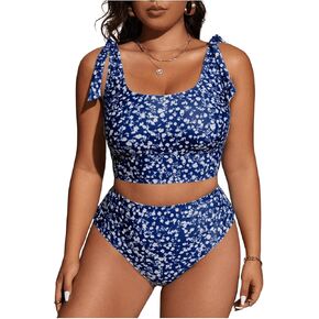 MakeMeChic Women's Plus Size Bikini Swimsuits Ditsy Floral Tie Shoulder High Waisted Bathing Suit