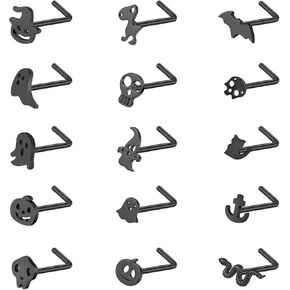 ZS 15Pcs Halloween Corkscrew Nose Rings Studs, 20G Stainless Steel Black Corkscrew Nose Stud, L-shaped Nose Rings Ghost Skull Bat Nose Piercing Jewelry for Women Men