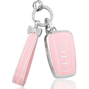 PIFOOG Key Fob Cover for Toyota with Bling Keychain, Purple Car Key Case Shell Protector for Highlander Corolla Pirus RAV4 Camry 4Runner C-HR Avalon 4 Button Accessories Girly Women TPU