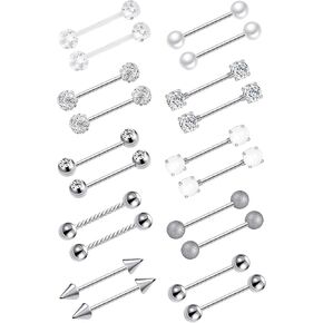 Tornito 10 Pairs Nipple Rings 14G Stainless Steel Ball CZ Cat Eye Stone Pearl Cone Barbell Tongue Rings Straight Nipple Bars Body Piercing Jewelry for Women 16mm Rose Gold Silver Tone