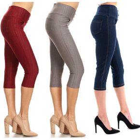 Women's Capri Denim Jeggings High Waisted Pull on Stretch Cropped Skinny Pants Regular & Plus Size