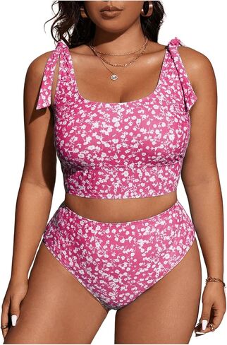 MakeMeChic Women's Plus Size Bikini Swimsuits Ditsy Floral Tie Shoulder High Waisted Bathing Suit in Saudi Arabia