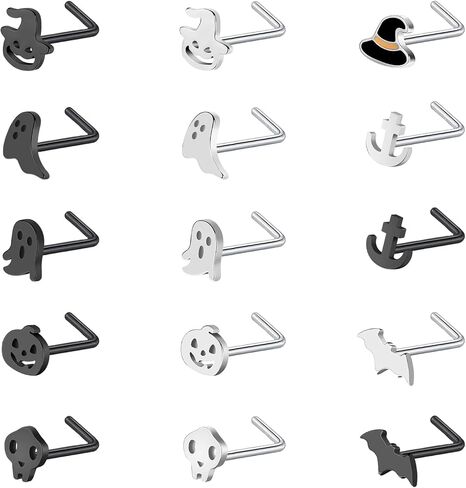 ZS 15Pcs Stainless Steel Black Corkscrew Nose Stud, 20G Halloween Corkscrew Nose Rings Studs, L-shaped Nose Rings Ghost Skull Bat Nose Piercing Jewelry for Women Men in Kuwait