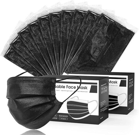 Hyegiir 3 Ply 100 Pack أقنعة الوجه للاستعمال مرة واحدة مغلفة بشكل فردي للحماية اليومية (أسود) in Kuwait