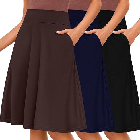 Riyiper 3 Pack Women's Knee Length Skirts, Casual High Waisted Flared Midi A Line Summer Basic Pull-on Skirts with Pockets in Kuwait