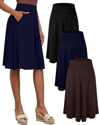Riyiper 3 Pack Women's Knee Length Skirts, Casual High Waisted Flared Midi A Line Summer Basic Pull-on Skirts with Pockets in Kuwait