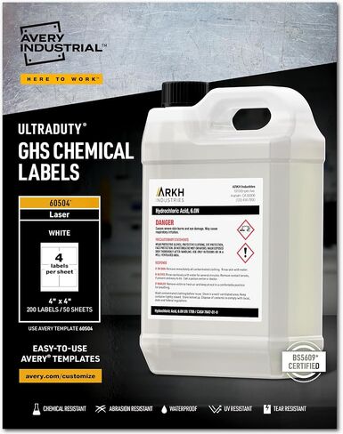 ملصقات كيميائية Avery UltraDuty GHS لطابعات الليزر، مقاومة للماء والأشعة فوق البنفسجية، 4 بوصة × 4 بوصة، 200 عبوة (60504) in Kuwait