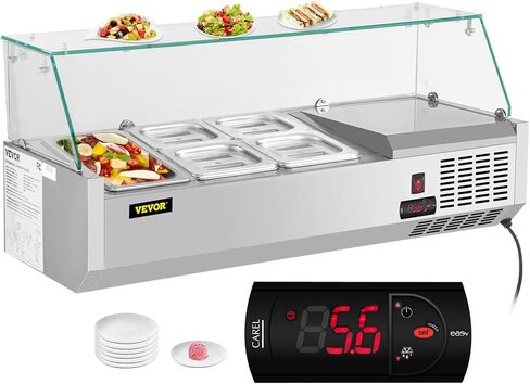 محطة إعداد البهارات المبردة VEVOR، 55 بوصة، 13.8Qt طاولة تحضير الساندويتش مع 3 1/3 مقالي و4 1/6 مقالي، بار سلطة 150 وات مع درع زجاجي مقسى مقاوم للصدأ 304، شاشة رقمية لدرجة الحرارة، تذويب تلقائي in Kuwait