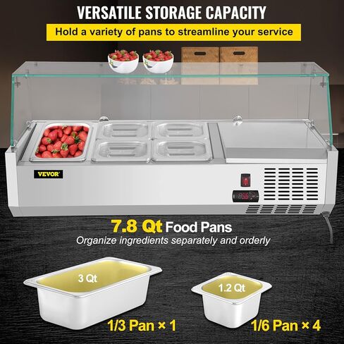 محطة إعداد البهارات المبردة VEVOR، 55 بوصة، 13.8Qt طاولة تحضير الساندويتش مع 3 1/3 مقالي و4 1/6 مقالي، بار سلطة 150 وات مع درع زجاجي مقسى مقاوم للصدأ 304، شاشة رقمية لدرجة الحرارة، تذويب تلقائي in Kuwait