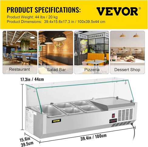 محطة إعداد البهارات المبردة VEVOR، 55 بوصة، 13.8Qt طاولة تحضير الساندويتش مع 3 1/3 مقالي و4 1/6 مقالي، بار سلطة 150 وات مع درع زجاجي مقسى مقاوم للصدأ 304، شاشة رقمية لدرجة الحرارة، تذويب تلقائي in Kuwait