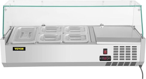 محطة إعداد البهارات المبردة VEVOR، 55 بوصة، 13.8Qt طاولة تحضير الساندويتش مع 3 1/3 مقالي و4 1/6 مقالي، بار سلطة 150 وات مع درع زجاجي مقسى مقاوم للصدأ 304، شاشة رقمية لدرجة الحرارة، تذويب تلقائي in Kuwait