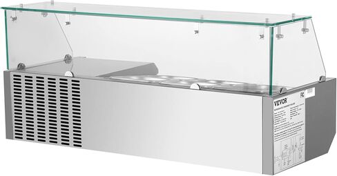محطة إعداد البهارات المبردة VEVOR، 55 بوصة، 13.8Qt طاولة تحضير الساندويتش مع 3 1/3 مقالي و4 1/6 مقالي، بار سلطة 150 وات مع درع زجاجي مقسى مقاوم للصدأ 304، شاشة رقمية لدرجة الحرارة، تذويب تلقائي in Kuwait