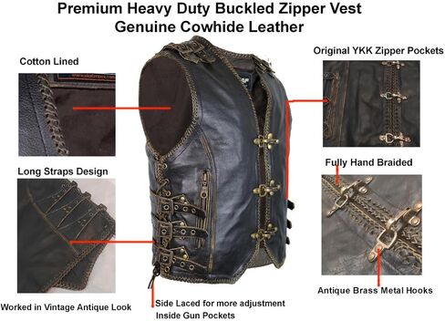Men's Genuine Cow Leather Heavy Buckled Zipper Braided Rocker Biker Motorcycle Vest Waistcoat XS~7XL in Saudi Arabia