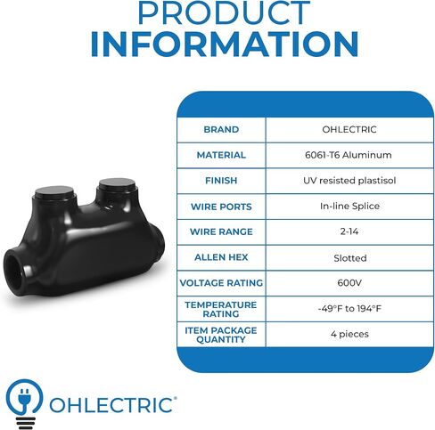 موصل لصق مضمن معزول باللون الأسود من OHLECTRIC - نطاق سلك 2-14 بوصة - برغي سداسي مشقوق - مملوء مسبقًا بمثبط الأكسيد - طلاء فينيل مطاطي، 6061-T6 ألومنيوم CU9AL - OL-38486 in Kuwait