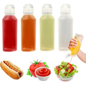 Condiment Squeeze Bottles 10 Oz 4 Pack with Flip Top Cap, Sauce Bottles with scale For Oil,Ketchup,Water,Liquids,Set of 4 With 4 Labels and 1 pen (10-oz-Bottles-4)