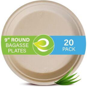 ECO SOUL 100% Compostable, Disposable Bagasse Paper Plates | Heavy-Duty Eco-friendly Dinner Plates | Sturdy, Microwave & Oven Safe | Party, Wedding, Event Plates (20 Count, 9" Round Plates)