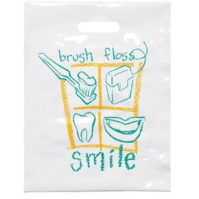 Practicon Brush Floss Smile 9" x 12" Dental Giveaway Bag, Dental Hygiene Patient Care Goodie Bag, Dentist Office Plastic Gift Bags, 100 Pack