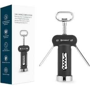 KITCHENDAO Luxury 3 in 1 Wine Opener with Foil Cutter, Beer Bottle Opener, Sturdy Zinc Alloy Wing Corkscrew with Self-centering Non-stick Sharp Screw, Easy to Remove Cork, Manual Corkscrew (Black)