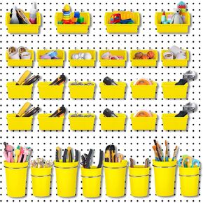 Roowest 60 Pcs Pegboard Cups Pegboard Bins Set, Pegboard Wall Organizer with Hooks and Loops, Peg Hooks Assortment Organizer Accessory for Office Storage Garage Craft Workshop (Black)