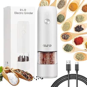 Electric gravity pepper grinder or salt grinder with adjustable thickness, automatic pepper grinder battery, with blue LED light, DLD one-hand operation, brushed stainless steel