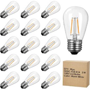 Shatterproof S14 LED Outdoor Light Bulbs, E26 Medium Base, 2W Vintage Edison Bulbs Equal to 11W Incandescent, 2700K Warm White LED Bulbs for Outdoor Patio Garden Vintage String Lights, 16 Pack