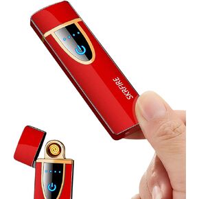 Ultra-Thin Electric Lighter,Tungsten Turbo Lighter Touch Switch Windproof Lighter Rechargeable USB Lighter with LED Battery Indicator(Drawing Red)