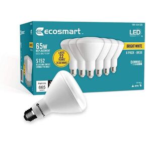 لمبة الفيضانات LED BR30 ذات اللون الأبيض الساطع من Ecosmart، استبدال 65 وات، 9 وات، 655 لومن - 3000 كلفن - تصنيف داخلي/خارجي (6 عبوات)