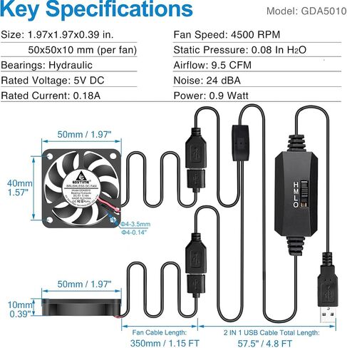 GDSTIME Dual 60mm x 15mm USB Fan w/ 3 Speed Control 5V Brushless DC Cooling in Kuwait