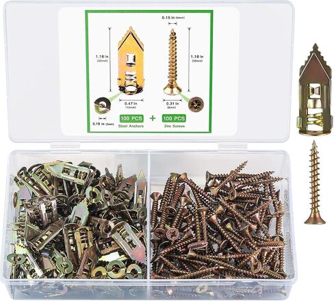 200 Pcs Self Drilling Drywall Anchors with Screws, Metal Hollow Wall Anchors with Screws Kit, No Drill or Holes in Wall for Fixing TV, Shelf, Curtains (100 Anchors 0.47x1.18 inch, 100 Screw) in Saudi Arabia