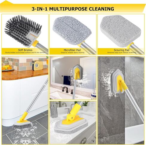 Lalafancy Shower Cleaning Brush with Locking Head, 3 in 1 Tub Tile Scrubber Brush with 50'' Extendable Long Handle Stiff Bristles Scouring Pads Microfiber for Cleaning Bathtub Shower Wall Bathroom in Kuwait