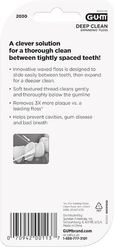 GUM Deep Clean Expanding Dental Floss - Waxed Woven Floss - Effective Plaque Removal for Tight Teeth - Unflavored in Kuwait