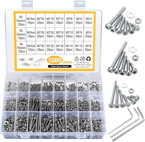 1080pcs Screws Bolts and Nuts and Washers Assortment Set, Metric M4 M3 M2 Stainless Steel Hex Socket Head Cap Screws Kit, Assorted Machine Screws Nuts and Bolts with Washers (1080 Silver) in Saudi Arabia