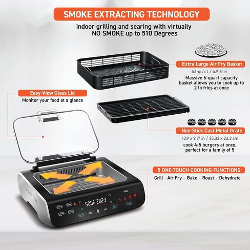 Gourmia Smokeless Indoor Grill & Air Fryer raclette grill with Smoke Extracting Technology Extra-Large Nonstick Cooking electric grill indoor Korean BBQ Style 6 Quart FoodStation™ in Kuwait