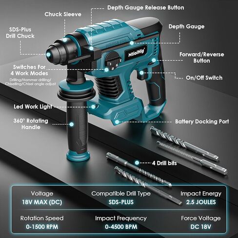 7/8" Rotary Hammer Drill for Makita 18V Battery: SDS-Plus Cordless Drill with Safety Clutch for Concrete Masonry, 2.5 Joules Power Drill, Including 4 Drill Bits in Kuwait