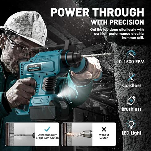 7/8" Rotary Hammer Drill for Makita 18V Battery: SDS-Plus Cordless Drill with Safety Clutch for Concrete Masonry, 2.5 Joules Power Drill, Including 4 Drill Bits in Kuwait