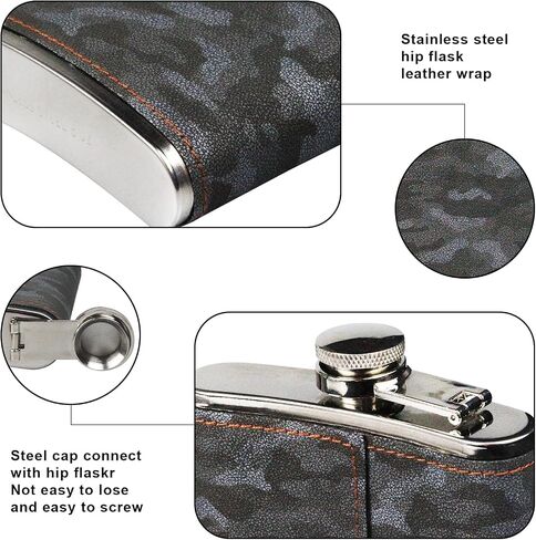 Hip Flask Gift Set, Hip Flasks for Liquor for Men with camouflage Leather Cover, 8 Oz Hip Flask, 18/8 Stainless Steel Hip Flasks, Flasks for Liquor for Men Gift Box in Saudi Arabia