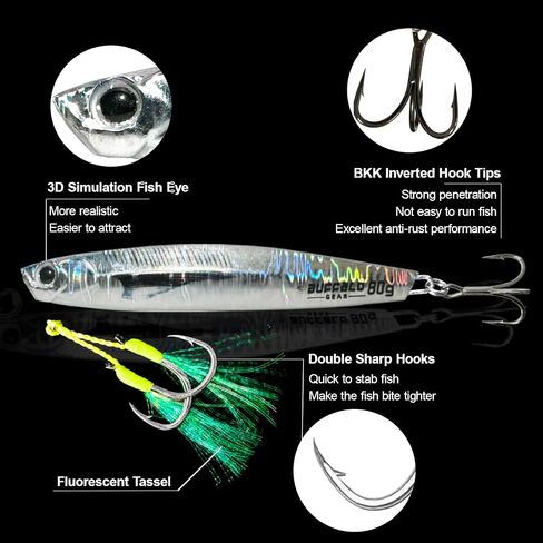 Fishing Jigs Saltwater Fshing Lures 80g/2.82Oz Shiny Sea Fishing Spoons with Assist Hooks and BKK Hook for Mackerel Salmon Striped Bass Kingfish Bluefish in Saudi Arabia