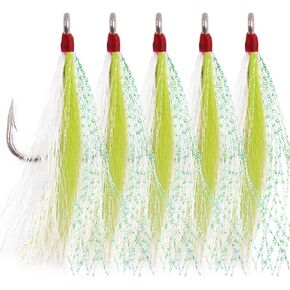 Bucktail Teaser Fishing Hooks,5pcs Saltwater Flounder Rig Stainless Steel Fishing Jig Hooks Bucktail Mylar Flash Teasers Inserted for Striper Catfish Cod Flounder Hi/Lo Rig