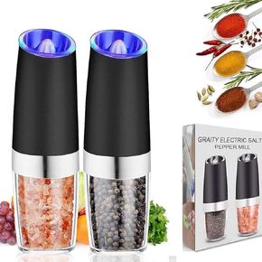 AVNICUD Electric Salt and Pepper Grinder Set, Refillable Automatic Pepper Grinder, Gravity Pepper Mill, Battery-Operated with Adjustable Coarseness, LED Light, One Hand Operated (Black 2Pack)