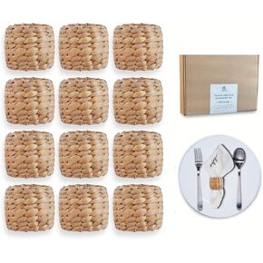 Wicker Rustic Napkin Rings Set of 12, Round Woven Boho Napkin Rings Handmade by Natural Water Hyacinth - Perfect for Farmhouse Party, Wedding, Dining Room, Table Decoration