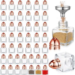 50 Pcs 0.5 oz Mini Salt and Pepper Shakers Salt and Pepper Grinder Set and 2 Funnels, Glass Body, Cube Shape, Tone Tops for Wedding Party (Gold)
