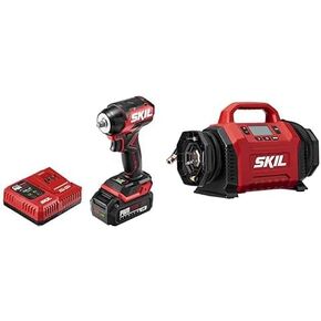 Bundle of Skil PWR CORE 20 Brushless 20V 3/8'' Compact Impact Wrench Kit - IW6739B-10 + SKIL PWR CORE 20 Dual Function Inflator, Tool Only — IF5940-00
