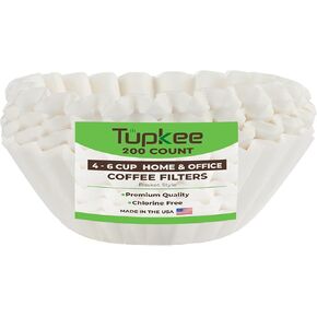 Tupkee Coffee Filters 4-6 Cups - 200 Count, Junior Basket Style, White Paper, Chlorine Free 5 Cup Coffee Filter, Made in the USA