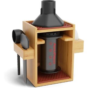 HEXNUB – Compact Organizer for AeroPress, Bamboo Coffee Caddy Station Holds AeroPress Coffee Maker, Accessories, Filters, Cups, Stand includes Mats (Black)