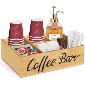 Lzhevsk Bamboo Coffee Station Organizer, Coffee Bar Accessories Organizer for Coffee Bar Decor, Kcup Coffee Pods Holder Storage Basket with Removable Dividers, Coffee Bar Organizer Tea Bag Dispenser