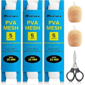 3 Pcs 5M Fishing PVA Mesh Refill 25/37/44mm Wide PVA Mesh Carp Fishing Accessories with Scissors, Fast Melt Water Soluble PVA Mesh Bag Fishing for Boilie, Bait, Precise Feeding