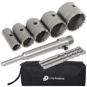 Life Palette Hole Saw Kit Drill Hole Cutter Set with Hole Drill Bits for SDS Plus Hammer Drills Circle Drill Bits Hole Saw Set for Concrete Brick Cement Stone Wall (5, 30mm,35mm,50mm,75mm,100mm)