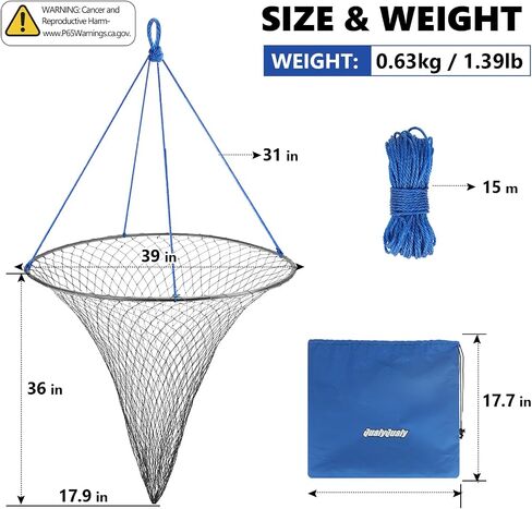 QualyQualy Bridge and Pier Fishing Net, Foldable Drop Net for Pier Fishing with Rope, Landing Net Soft Steel Hoop and Nylon Mesh Net in Saudi Arabia